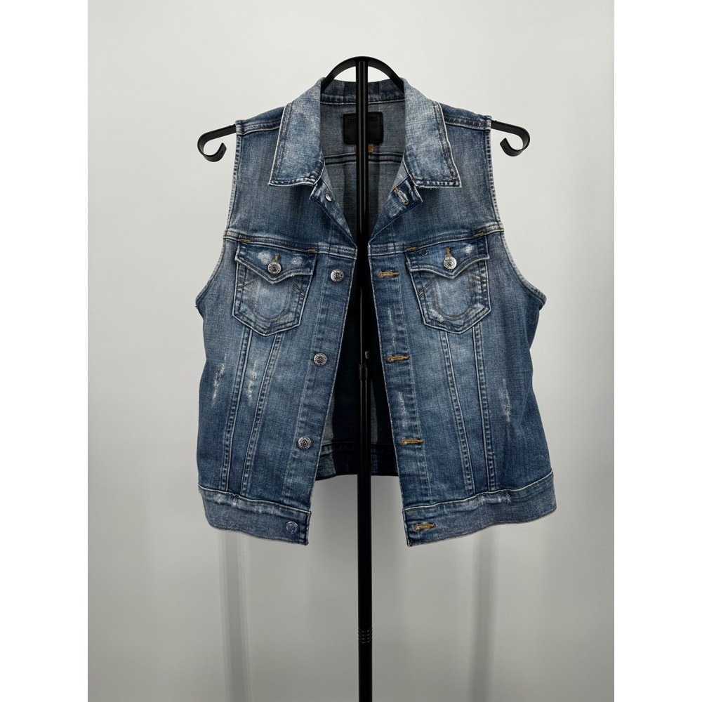 True Religion Shelby West Denim Vest Medium Wash Distressed Sleeveless Jacket M